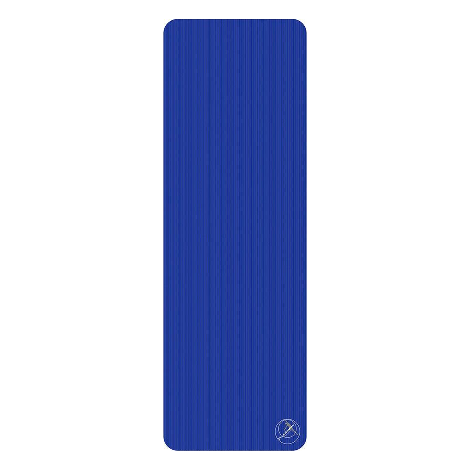 Längliche blaue Matte mit abgerundeten Ecken, feiner vertikaler Streifenstruktur und kleinem rundem Logo in der unteren rechten Ecke auf weißem Hintergrund.