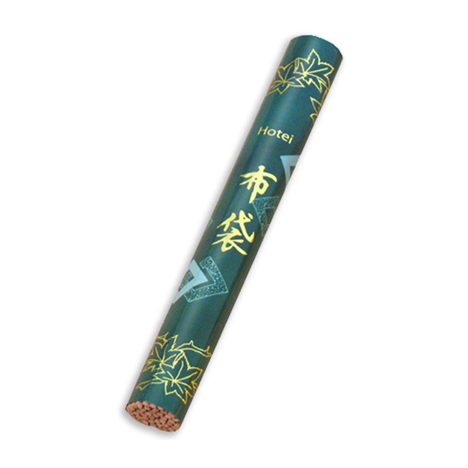 Ein einzelnes Hotei Räucherstäbchen in einer dunkelgrünen, zylindrischen Verpackung mit goldenen japanischen Schriftzeichen, floralen Verzierungen und sichtbarem Räucherwerk am unteren Ende vor weißem Hintergrund.