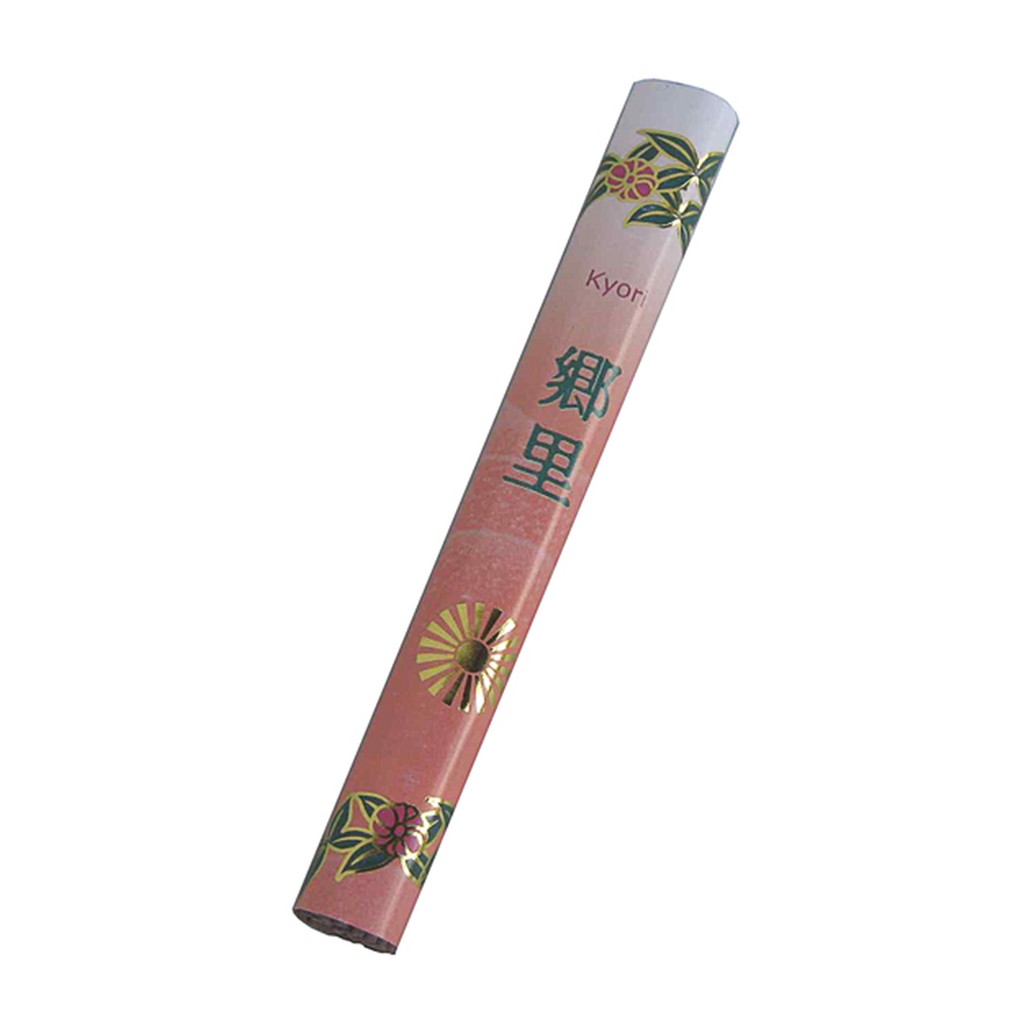 Längliche rosa Verpackung japanischer Räucherstäbchen mit der Aufschrift Kyori, japanischen Schriftzeichen, goldfarbenem Symbol und dekorativen Blumenmotiven auf weißem Hintergrund.