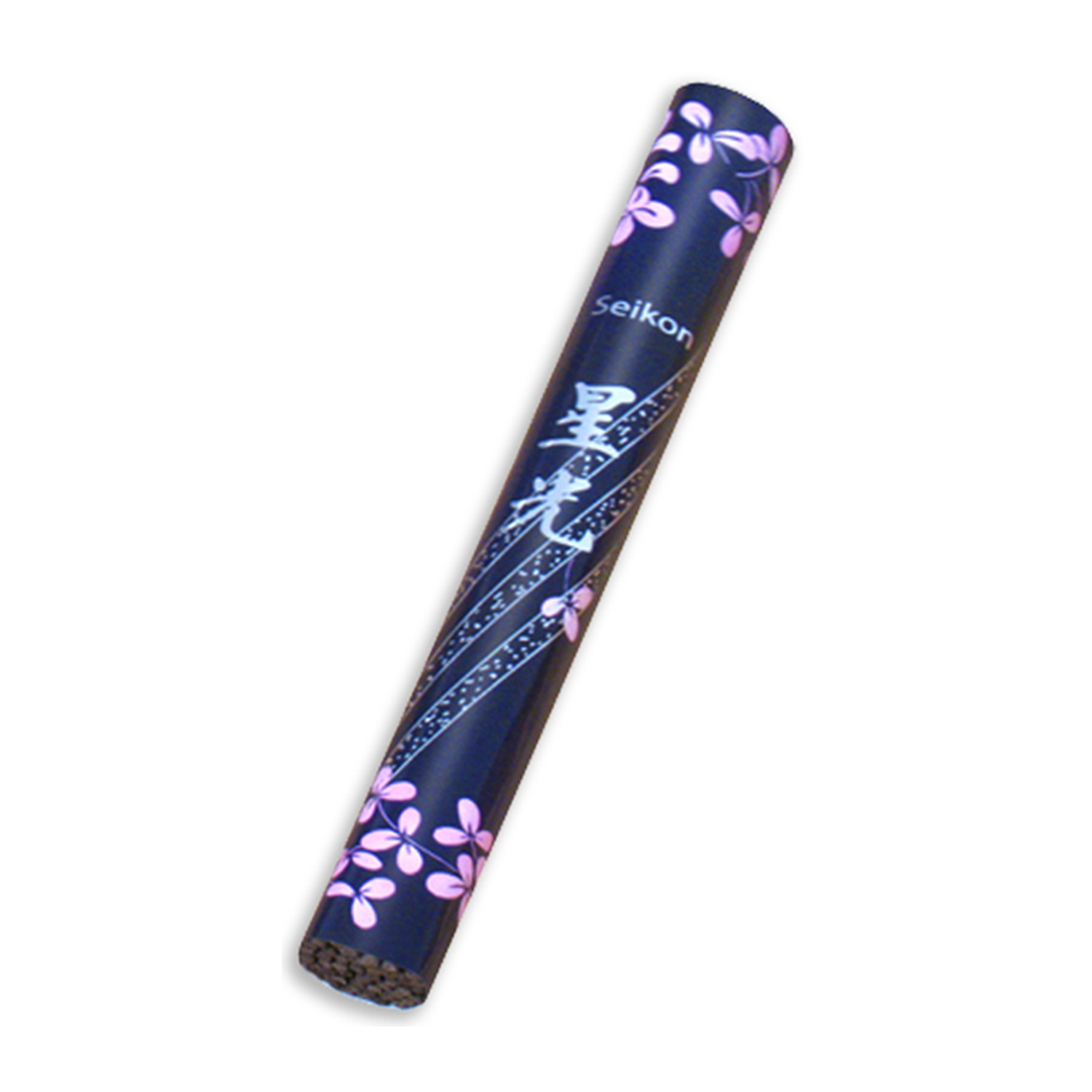 Zylindrische Verpackung japanischer Seikon-Räucherstäbchen in Dunkelblau mit rosa Kirschblüten, japanischen Schriftzeichen und dekorativen silbernen Mustern auf weißem Hintergrund.