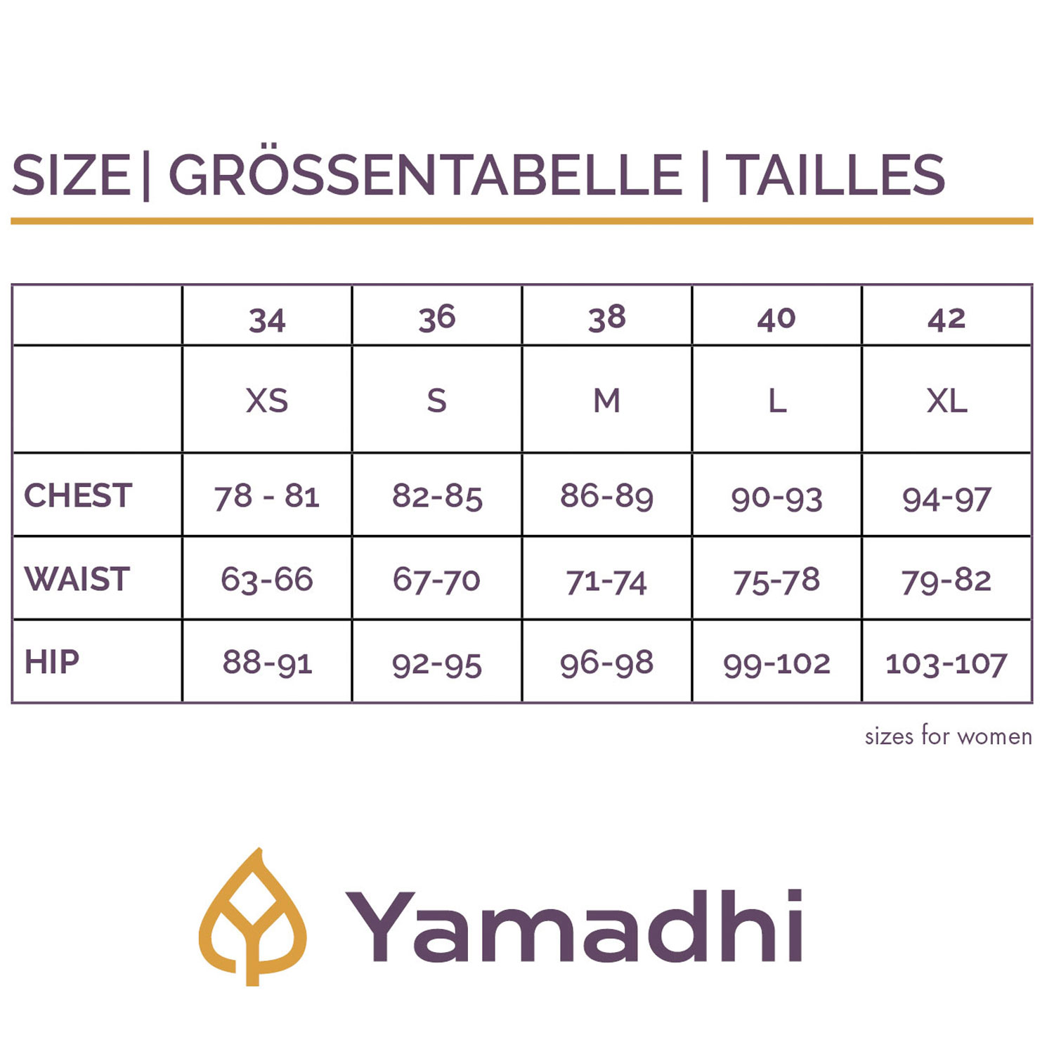 Yamadhi Yoga Kleidung Größentabelle